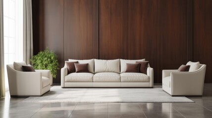 A chic living room featuring a cream sofa set against dark wood panels, accented by brown cushions, greenery, and a light rug. Bright, minimalist space conveys luxury, comfort, and contemporary style.