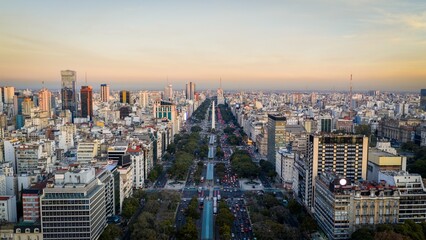 Aerial view of Avenida 9 de Julio with Obelisco, Buenos Aires, Argentina.
