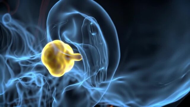 Detailed 3D animation of a human ear with a golden tumor inside medical visualization