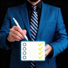 Man in suit holding checklist with completed tasks marked by yellow checkmarks
