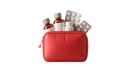 Compact red medical kit filled with pills and bottles
