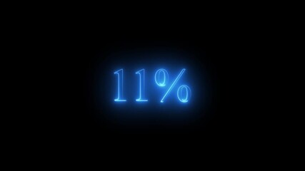 Blue neon glowing 11 percent sign on black background eleven percent percentage