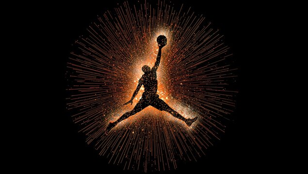 Silhouette of a person jumping with a basketball against a dark background.