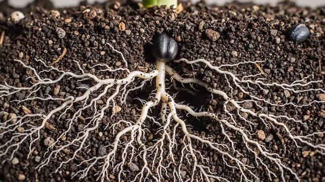 Germinating Seed with Root System Exposed in Dark Soil, White Tendrils Spreading Outward in Horizontal Composition Highlighting Botanical Growth Process