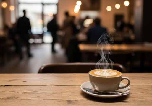 Rustic wooden table with steaming cappuccino in focus, blurred background of busy coffee shop scene