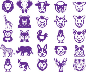 Obraz premium Purple Animal Faces and Silhouettes Set Keywords: animals, wildlife, nature, zoo, farm, safari, mammal, bird, lion, elephant, cow, sheep, goat