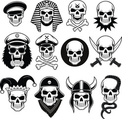 Skull illustration set with fantasy, pirate, military, jester, pharaoh, warrior, and gothic themes, vector icons for tattoo, sticker, emblem, and graphic design
