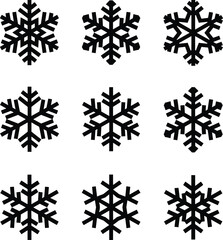 Black snowflake icon set, winter vector design, symmetrical snowflake shapes, festive holiday elements, decorative snowflakes, seasonal graphic pack, minimalist snowflake silhouette collection