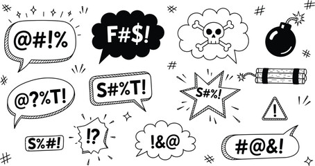 Obraz premium Cartoon Swear Word Bubbles with Skull, Bomb, Dynamite Isolated on White Background