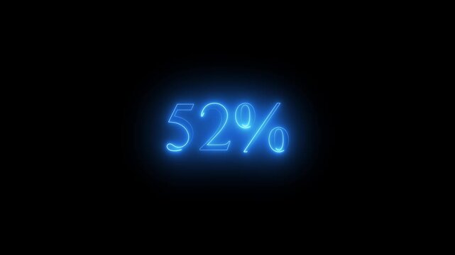 Blue neon 52 percent sign glowing on black background fifty two percent percentage