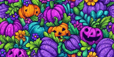 Whimsical pumpkins and flowers in vibrant colors form a decorative pattern.