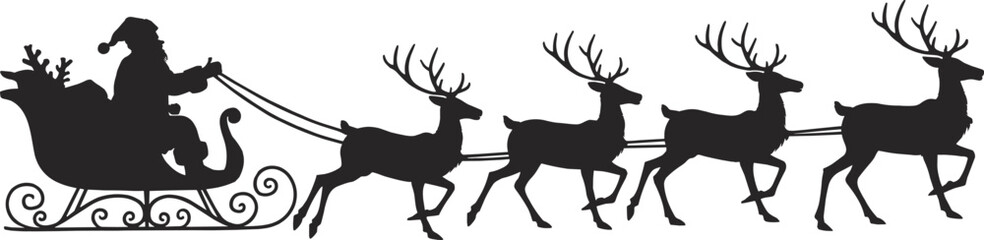 sleigh with four flying reindeer, Christmas vector illustration, festive holiday scene, magical night, seasonal celebration, black graphic art