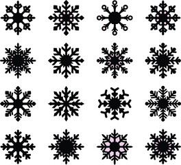 Intricate snowflake vector set, black winter icons, symmetrical snowflake designs, festive holiday elements, seasonal silhouette pack, purple accent snowflake illustrations, decorative snowflake grid