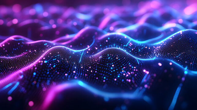 Abstract digital landscape with glowing particles and flowing lines creating a futuristic and dynamic background for technology and innovation concepts