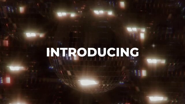 "INTRODUCING" text on a dark, sparkling background with blurry bokeh lights, concept for new product launch or announcement.
