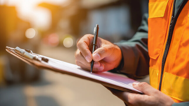 Safety Vest Inspector's Hands Writing Checklist on Clipboard at Construction Site, Generative AI