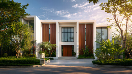 Obraz premium Modern Architectural Design of a Cinematic Exterior with Greenery and Natural Light