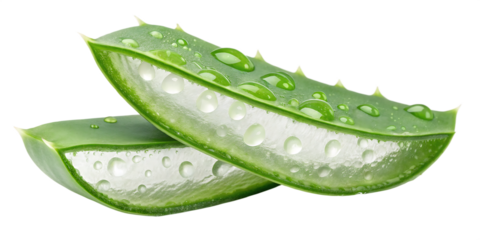 Two fresh green aloe vera slices with water droplets on a white background succulent plant isolated on a transparent background