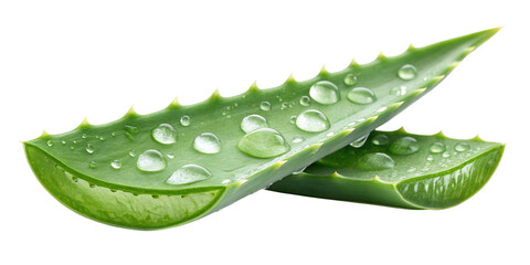 Two fresh green aloe vera slices with water droplets on a white background succulent plant isolated on a transparent background