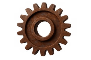 Rusty metal gear cog wheel showing aged industrial mechanics. Transparent background for easy integration in designs