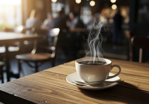 Steaming coffee cup on rustic wooden table with blurred busy cafe background, warm natural light