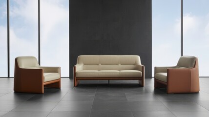 Leather Lounge Set In Modern Lobby With Large Windows And Dark Wall For Contemporary Interiors