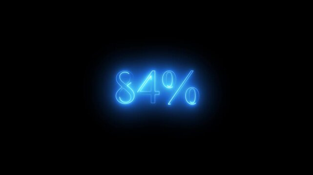 Glowing blue neon eighty four percent sign on black background 84 percent percentage
