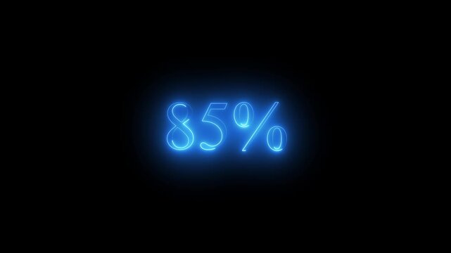 Bright blue neon eighty five percent sign on black background 85 percent percentage