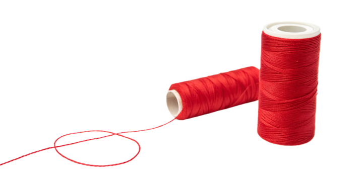 Two Spools of Red Thread with Loose Strand on Black Background sewing craft isolated on a transparent background
