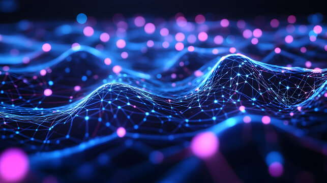 Abstract network with glowing nodes and interconnected lines creating a futuristic digital landscape for technology and science concepts