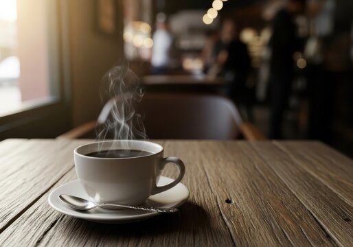 Steaming coffee cup on rustic wooden table with blurred busy cafe background, warm natural light