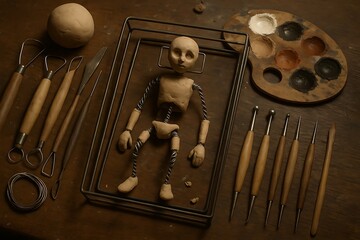 Creative Process: Unfinished Clay Figure and Sculpting Tools