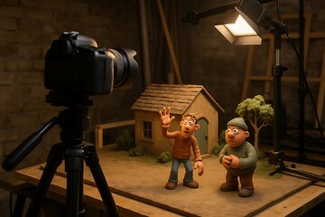 Stop-Motion Animation Studio Setup with Clay Figures and Camera