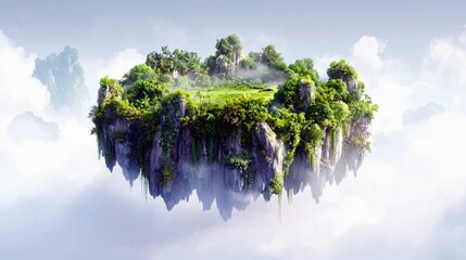 A surreal landscape featuring a lush, green island with rocky cliffs floating in a cloudy sky.
