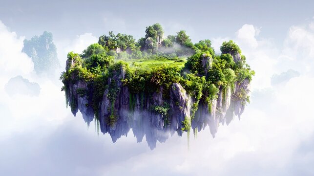 A surreal landscape featuring a lush, green island with rocky cliffs floating in a cloudy sky.