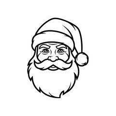 A black and white illustration of Santa Claus's face with his iconic hat and beard.