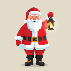 A cheerful Santa Claus dressed in his traditional red suit, holding a glowing lantern in his right hand.