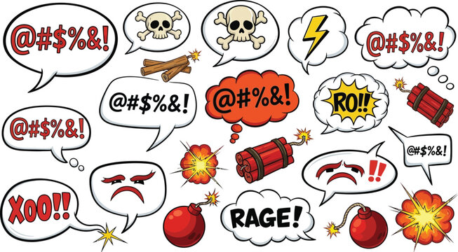 Cartoonish Angry Speech Bubbles Set, Skull, Bombs, Explosion on White Background