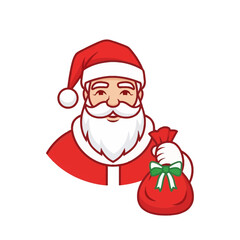 A cheerful cartoon illustration of Santa Claus with a white beard, wearing a red hat and suit, holding a gift sack.