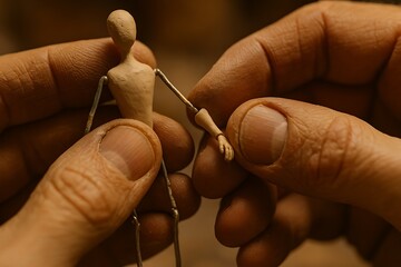 Artisan Hands Assembling a Miniature Clay Figure Armature