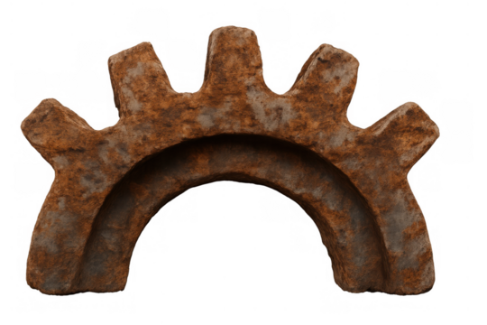 Rusty metal gear concept showing decay, history, and machinery part on a transparent background
