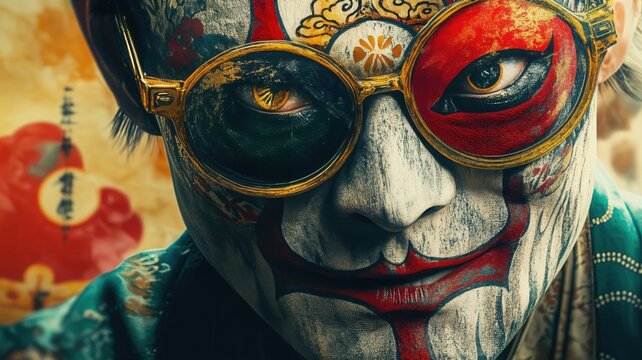 Mysterious close-up of a theatrical Asian performer with vibrant clown face paint and spectacles revealing an intense, fiery gaze