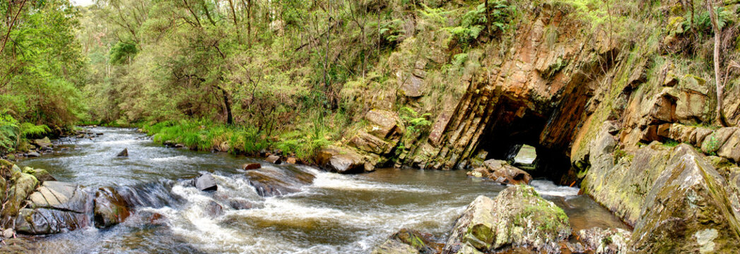 River flows through a tunnel in the rock surrounded by lush forest.