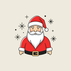 A cheerful cartoon illustration of Santa Claus with a white beard and red hat, surrounded by festive stars.