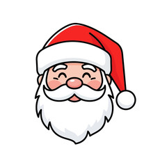 Cute cartoon illustration of a smiling Santa Claus face with a red hat and white beard isolated on a white background.