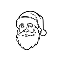 A simple black and white line drawing of Santa Claus's face, featuring his iconic hat, beard, and mustache.