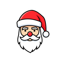 A cartoon illustration of Santa Claus's head with a red hat, white beard, and a red nose on a white background.
