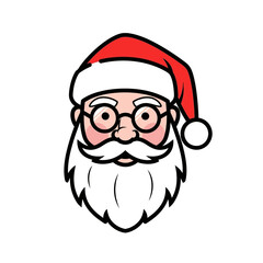 A cartoon illustration of Santa Claus's head with a red hat, glasses, and white beard.