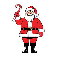 A cheerful cartoon of Santa Claus in a red suit holding a candy cane, isolated on a white background.