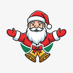 Cartoon illustration of Santa Claus with outstretched arms and two golden Christmas bells.